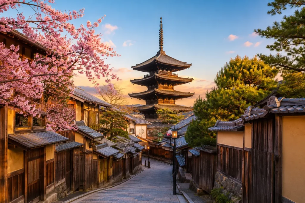 Traditional Kyoto streets and pagoda on a Sakura Voyages private tour
