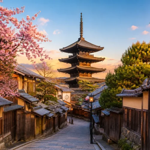 Traditional Kyoto streets and pagoda on a Sakura Voyages private tour