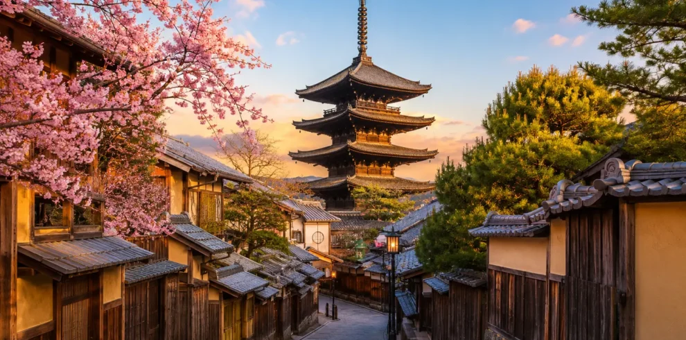 Traditional Kyoto streets and pagoda on a Sakura Voyages private tour