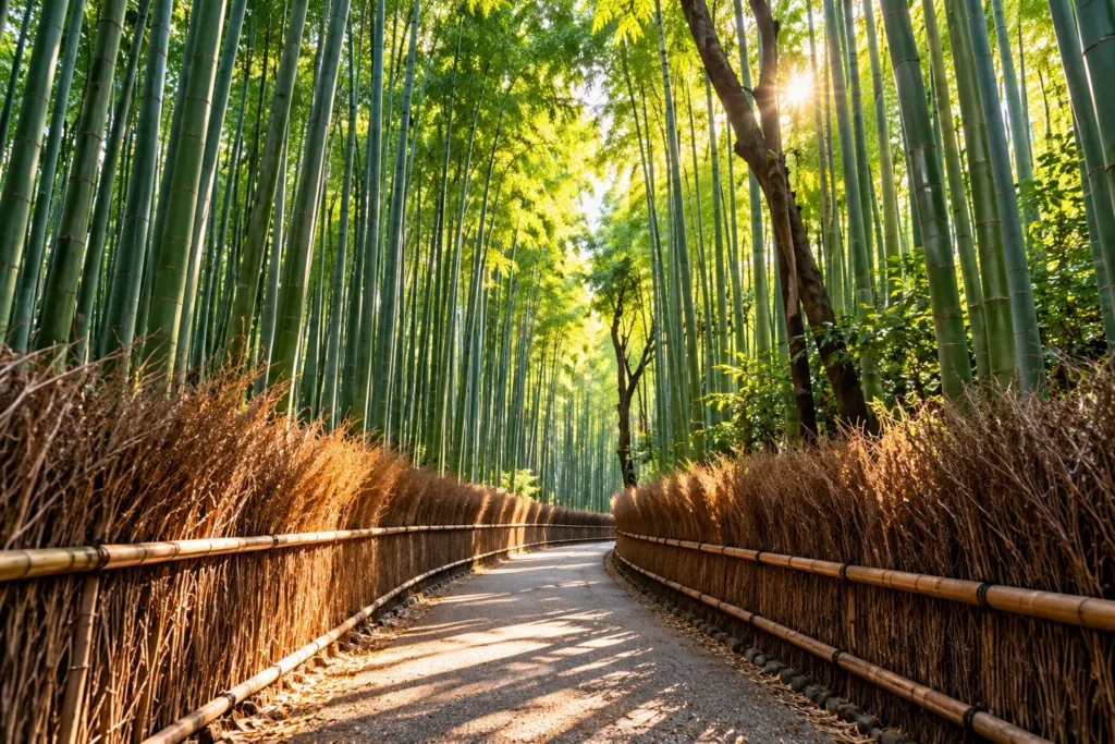 Sunlit walking path surrounded by tall green bamboo trees in Arashiyama Bamboo Grove, Kyoto, Japan