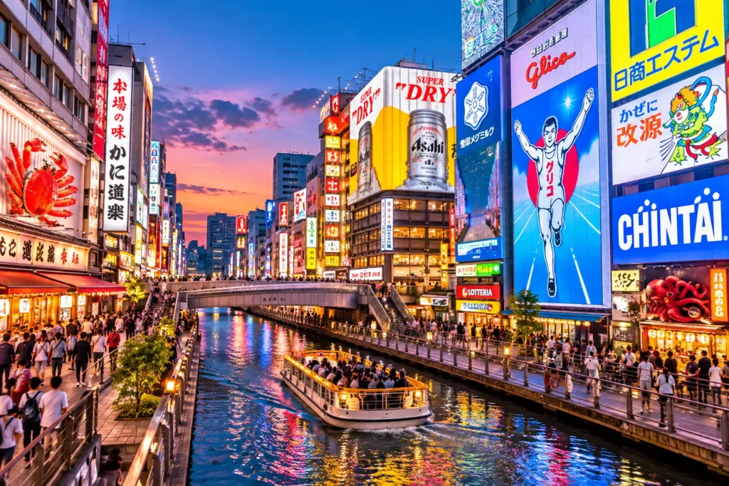 Dotonbori Canal in Osaka at sunset with colorful neon signs, Glico Running Man billboard, and illuminated streets
