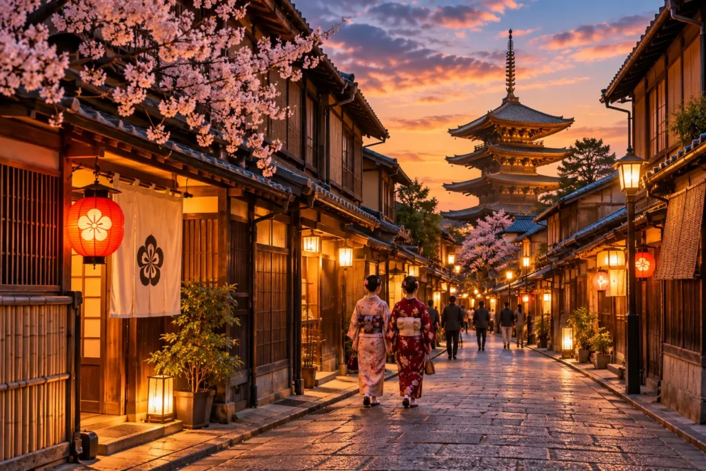 Traditional Kyoto street with wooden Japanese houses, women wearing kimonos, cherry blossoms, and lanterns at sunset