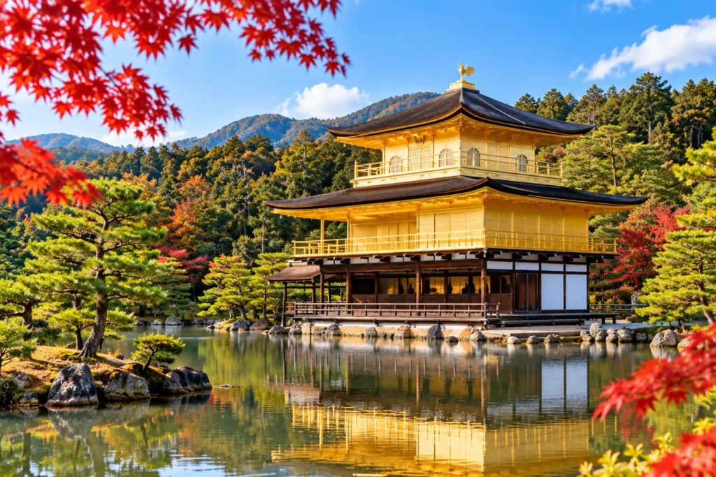 Kinkaku-ji Golden Pavilion in Kyoto surrounded by colorful autumn foliage with its golden reflection in a peaceful pond