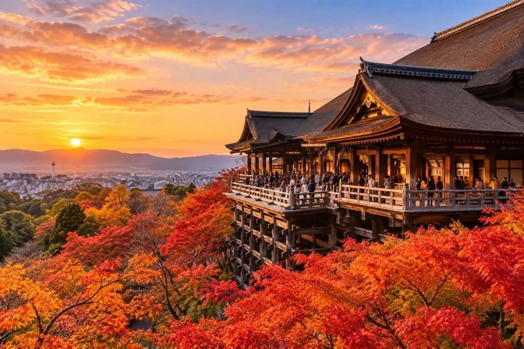Kiyomizu-dera Temple overlooking Kyoto with colorful autumn foliage during a Kyoto private tour