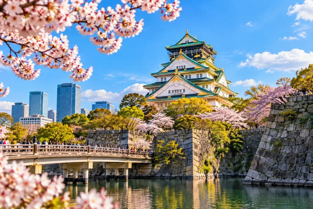 Osaka Castle surrounded by beautiful cherry blossoms during spring in Osaka, Japan