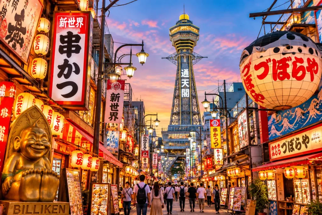 Tsutenkaku Tower overlooking the colorful Shinsekai shopping streets in Osaka, Japan, at sunset