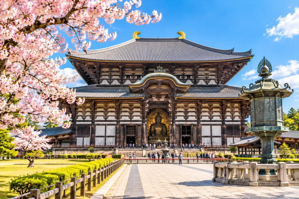 AI-generated view of Todai-ji Temple Great Buddha Hall with cherry blossoms in Nara, Japan
